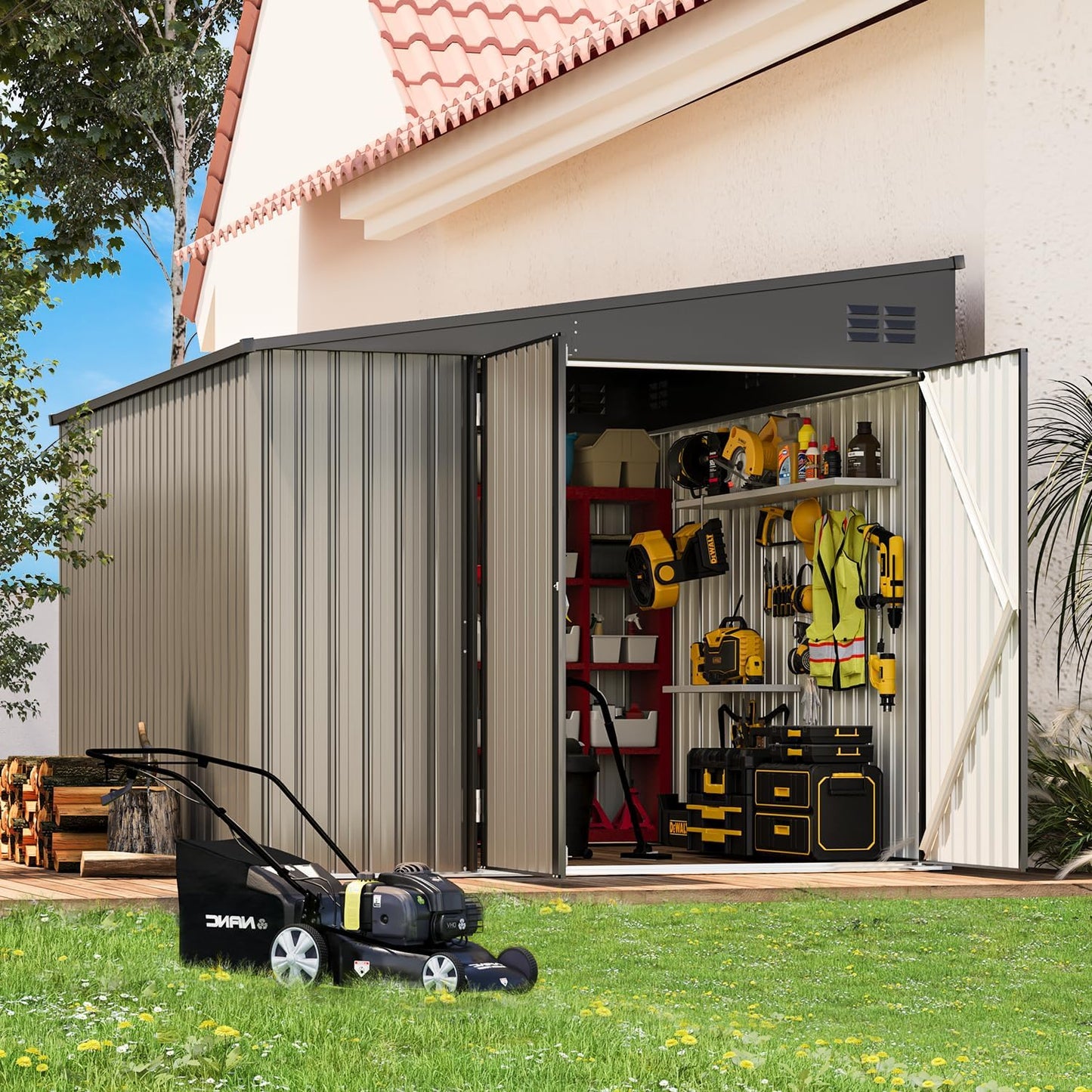 YODOLLA 8x10 Lean-to Shed, Outdoor Storage Shed, Gray