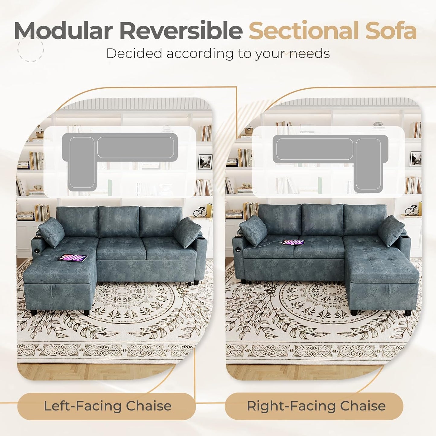 YODOLLA Faux Leather L-Shaped Sleeper Sofa, Pullout Bed, USB & Storage, Blue