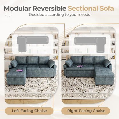 YODOLLA Faux Leather L-Shaped Sleeper Sofa, Pullout Bed, USB & Storage, Blue