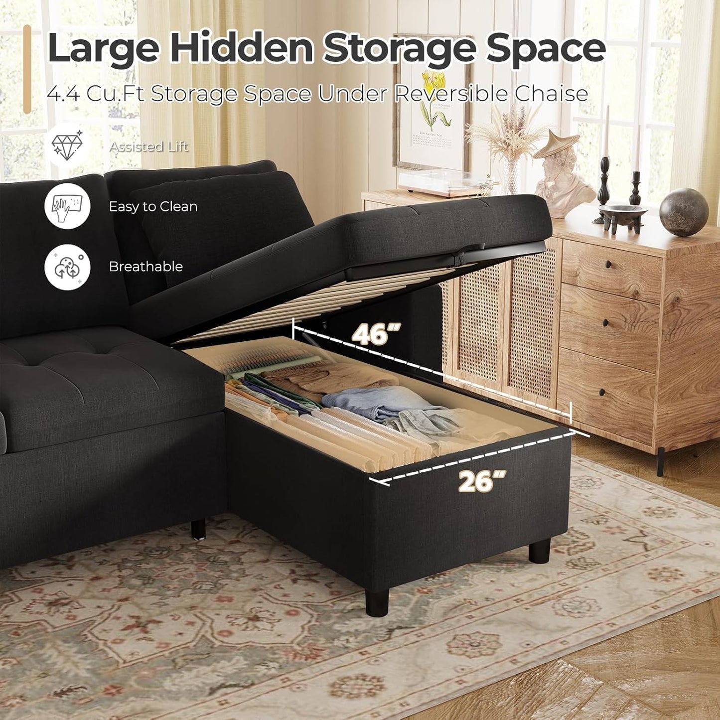 YODOLLA L-Shaped Sleeper Sofa, Pullout Bed, USB & Storage, Black