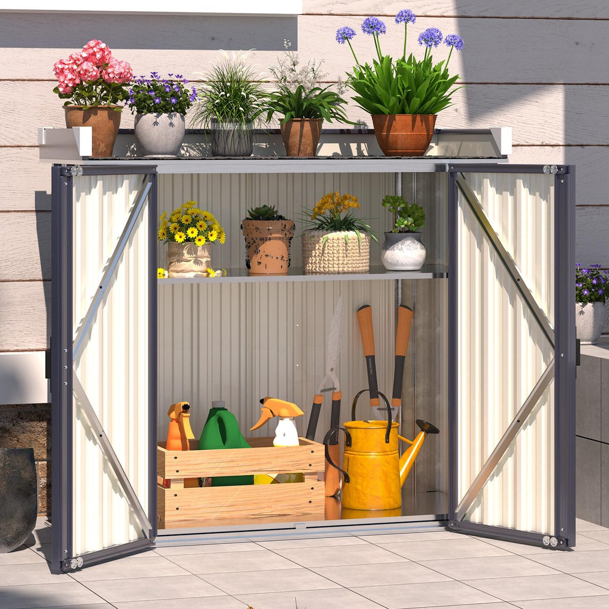 YODOLLA Outdoor Storage Potting Bench, Garden Metal Tool Cabinet Waterproof