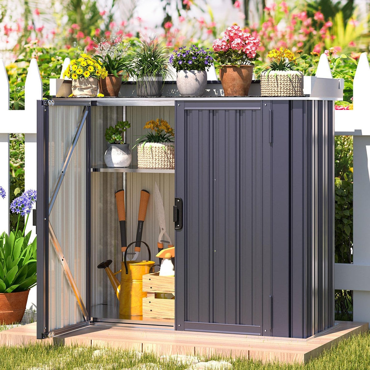 YODOLLA Outdoor Storage Potting Bench, Garden Metal Tool Cabinet Waterproof