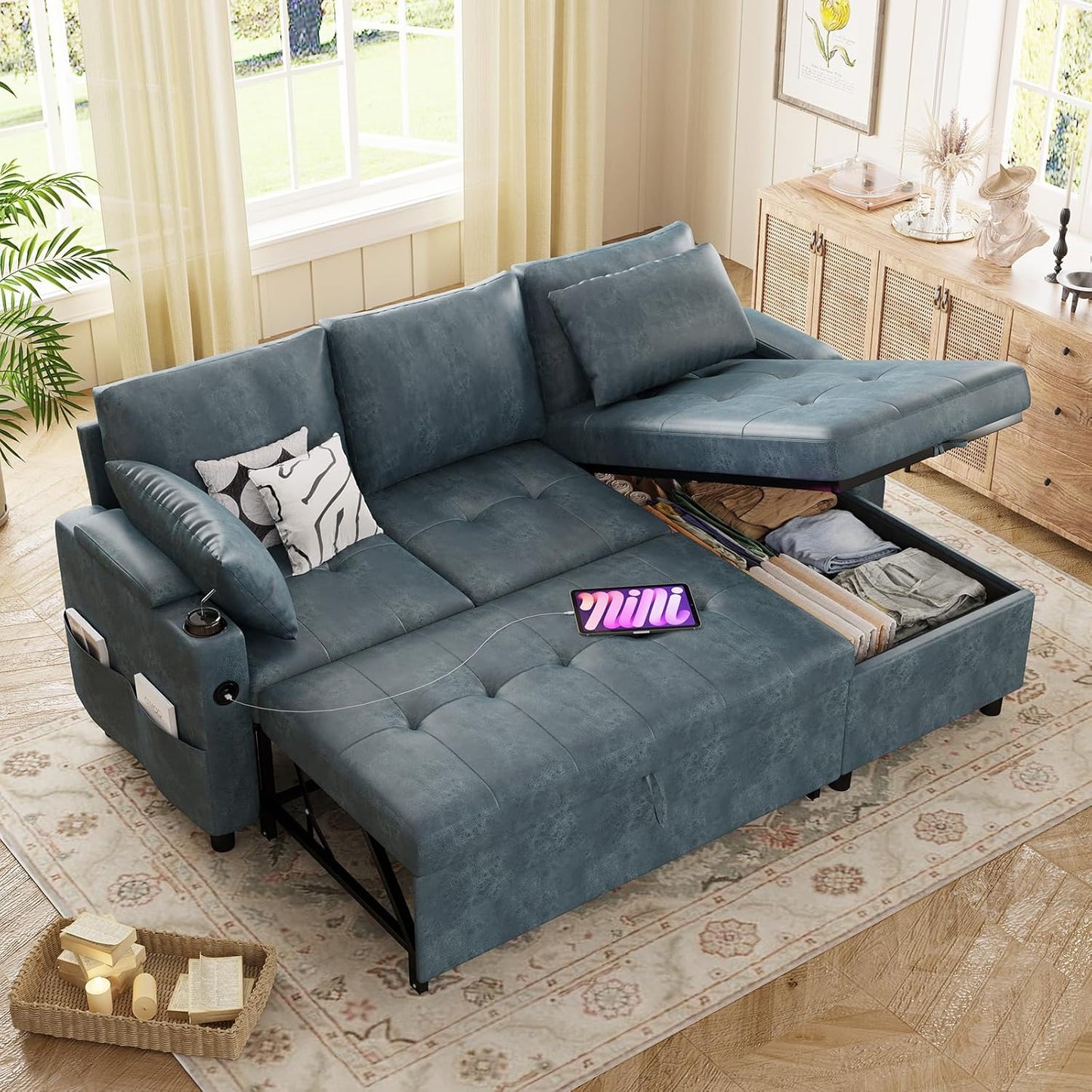 YODOLLA Faux Leather L-Shaped Sleeper Sofa, Pullout Bed, USB & Storage, Blue