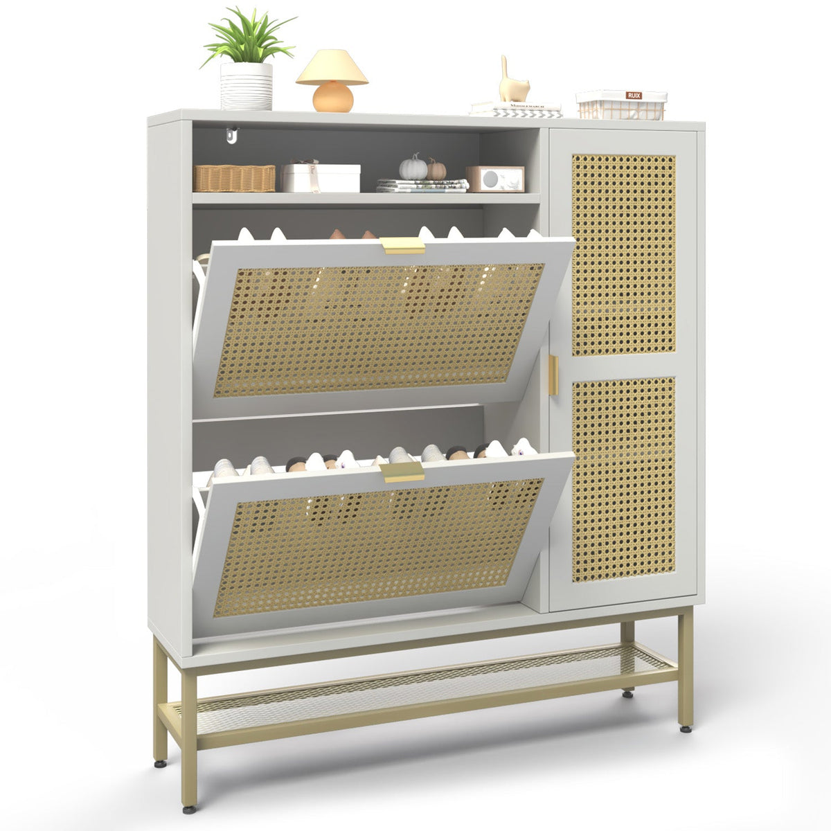 YODOLLA Rattan Shoe Cabinet Storage Organizer with 2 Tilt Drawers Living Room