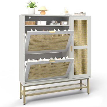 YODOLLA Rattan Shoe Cabinet Storage Organizer with 2 Tilt Drawers Living Room