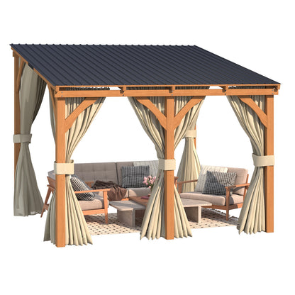 YODOLLA 10x10 Outdoor Wooden Pergola Gazebo with Curtains and Netting for Patio