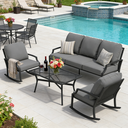 YODOLLA 4-Piece Outdoor Patio Furniture Set with Rocking Chair, Metal Mesh Conversation Bistro Set