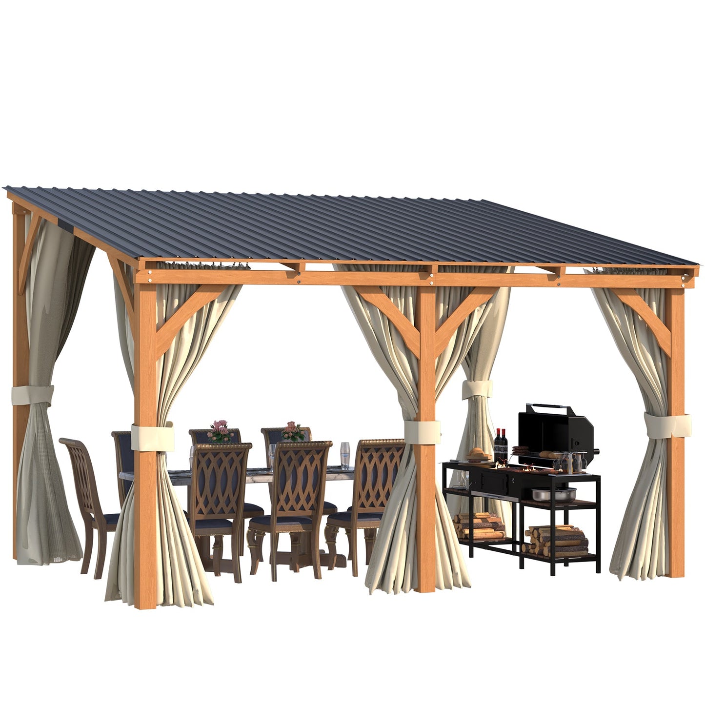 YODOLLA 12x10 Outdoor Wooden Pergola Gazebo with Curtains and Netting for Patio