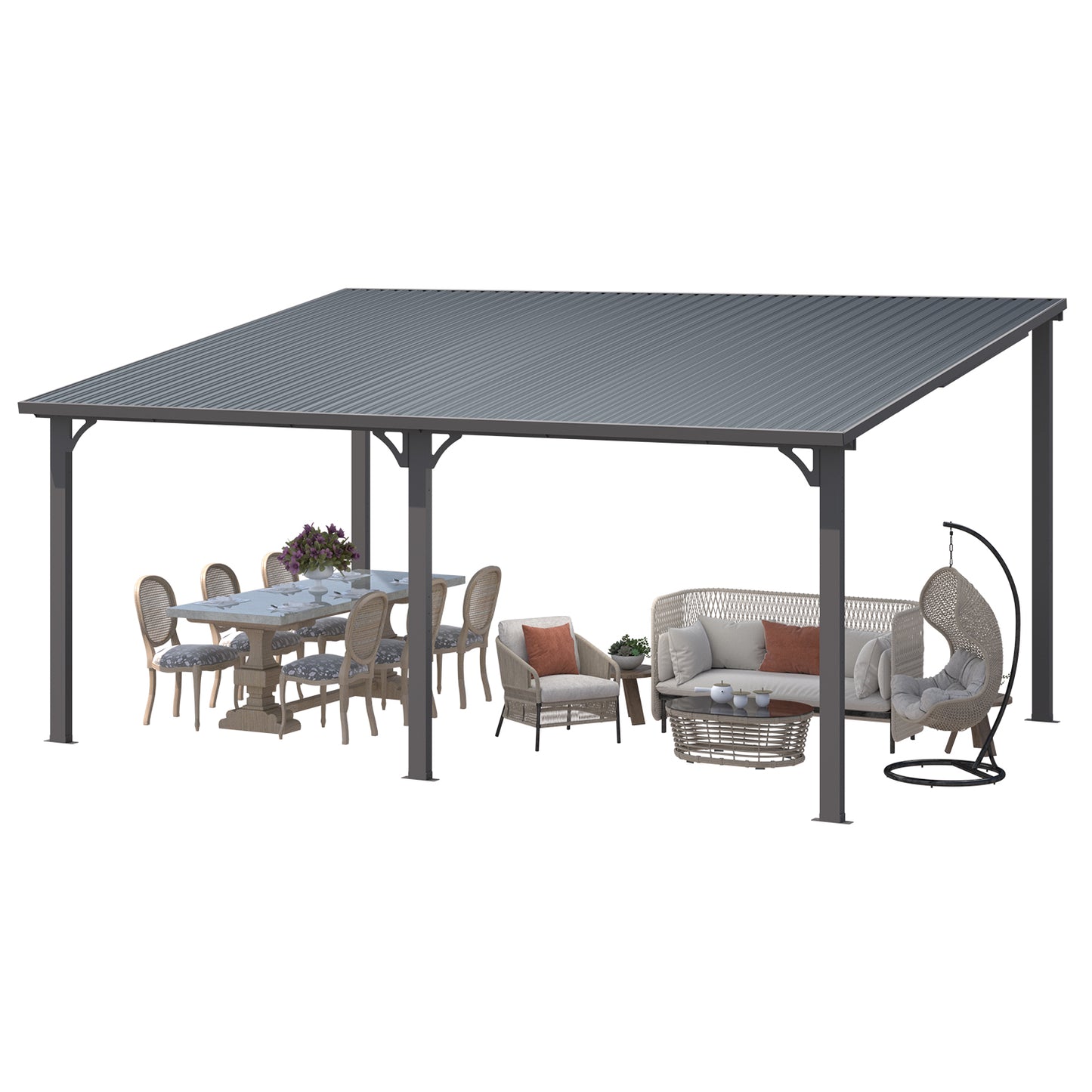 YODOLLA 16' x 12' Outdoor Pergola Hardtop Gazebo Wall-Mounted Lean to Metal Awnings Gazebos