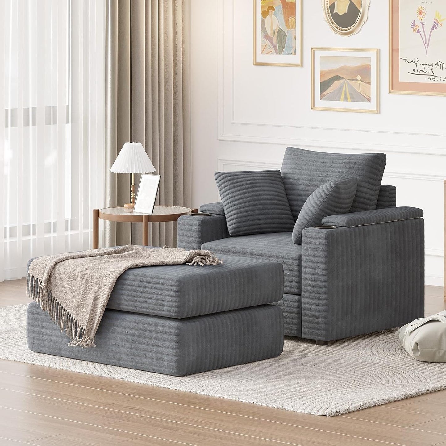 YODOLLA Oversized Chaise Lounge Chair, Lounge Chair Indoor with Ottoman, Grey