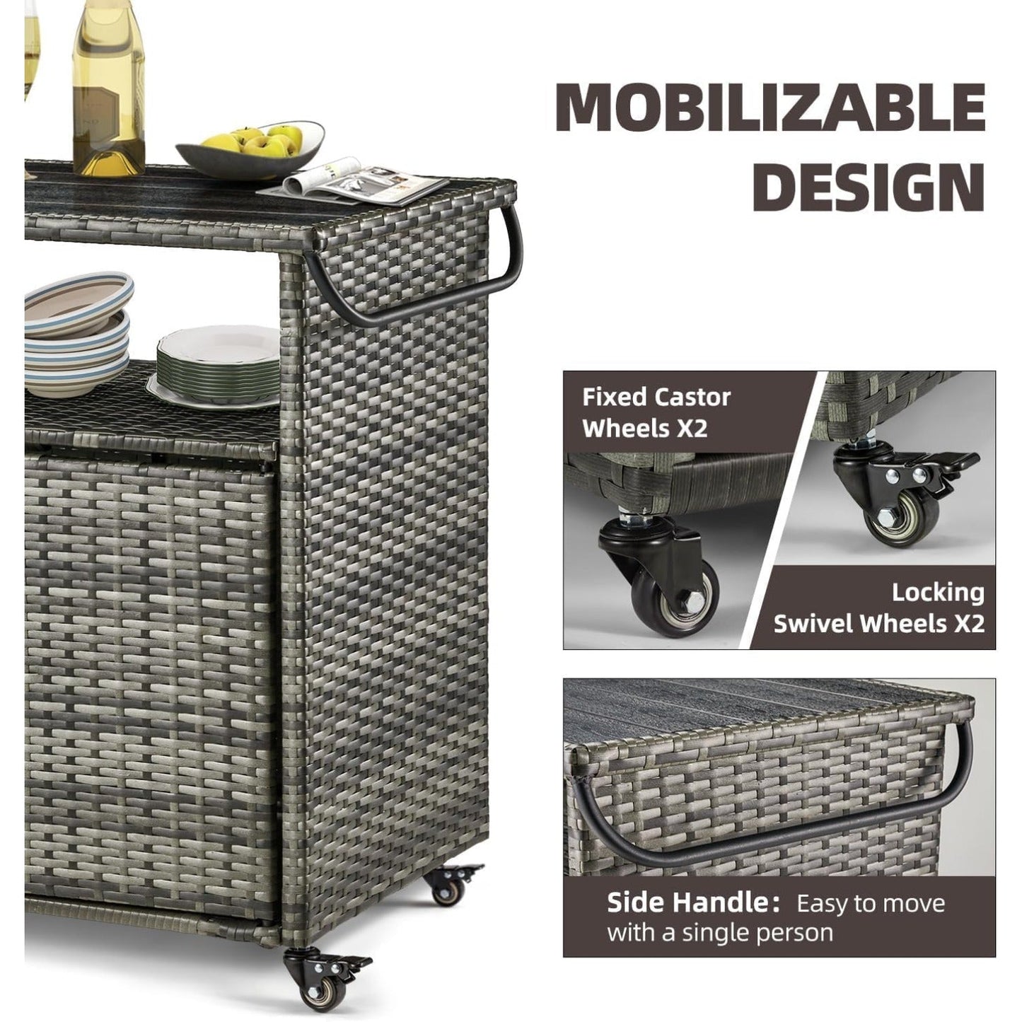 YODOLLA Outdoor Bar Cart with Storage Cabinet, Rattan Bar Table on Wheels