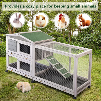 YODOLLA 61.5'' Wooden Rabbit Hutch Two Story Bunny Cage