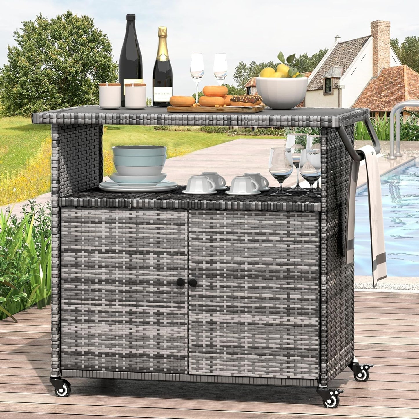 YODOLLA Outdoor Bar Cart with Storage Cabinet, Rattan Bar Table on Wheels