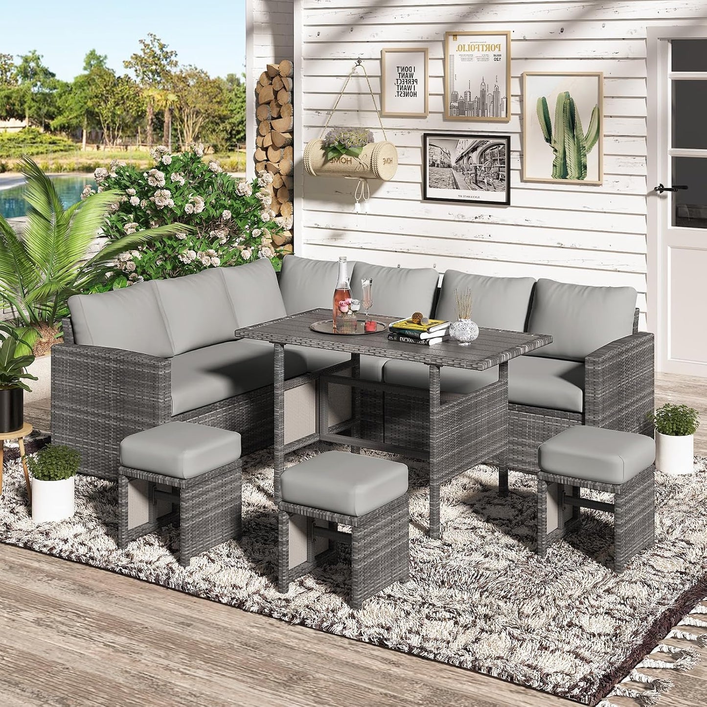 YODOLLA 7 Pieces Patio Furniture Set with 43 Inch Fire Pit Table