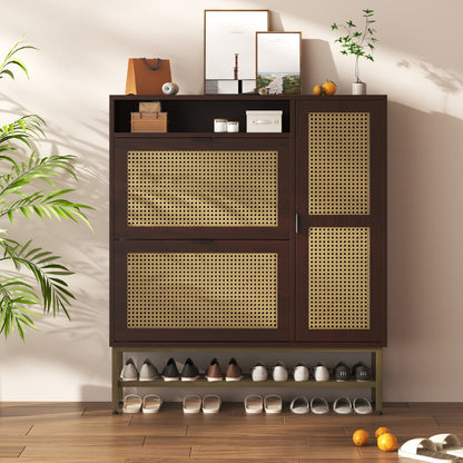 YODOLLA Rattan Shoe Cabinet Storage Organizer with 2 Tilt Drawers Living Room