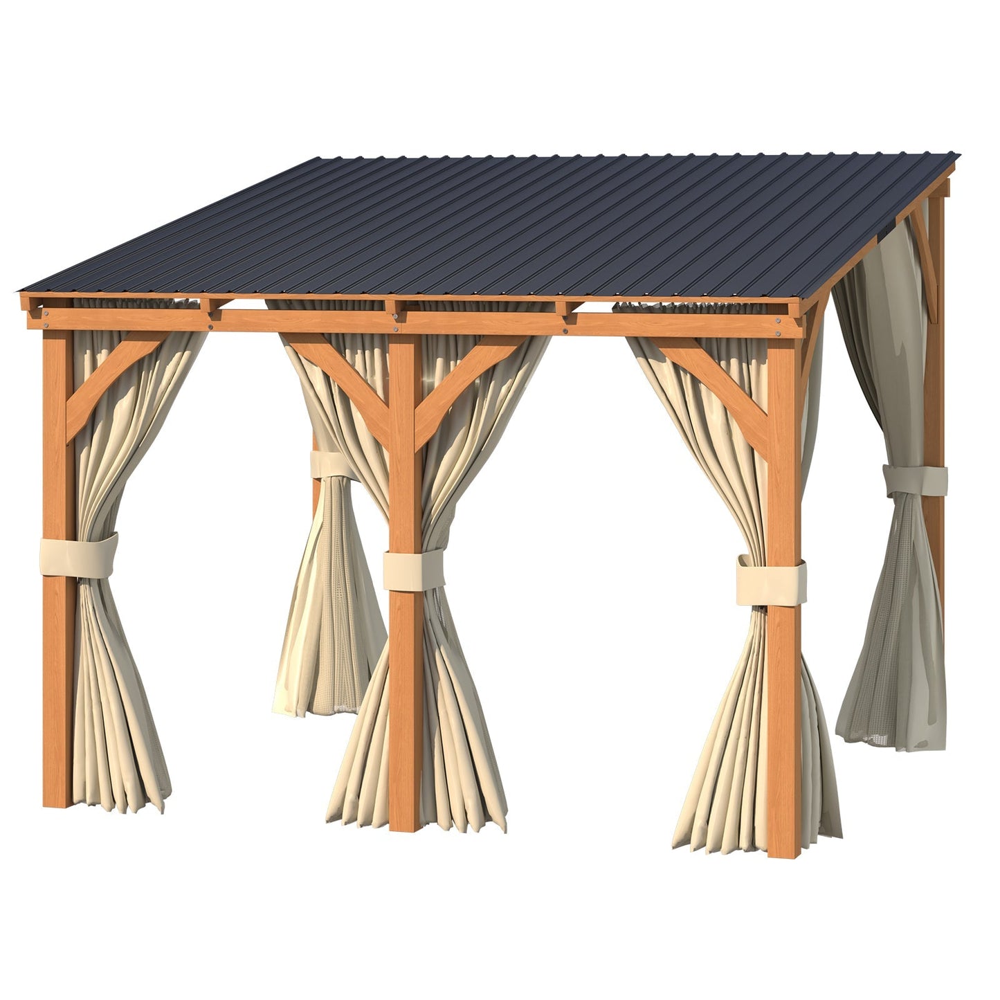 YODOLLA 10x10 Outdoor Wooden Pergola Gazebo with Curtains and Netting for Patio