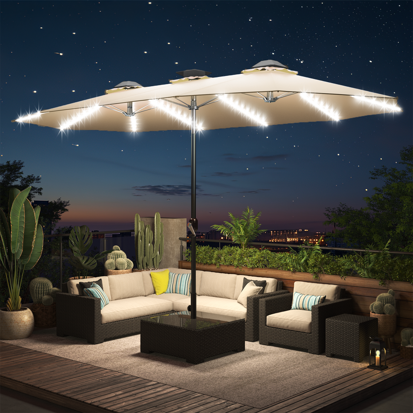 YODOLLA 15ft Patio Umbrella with Solar Lights, Beige