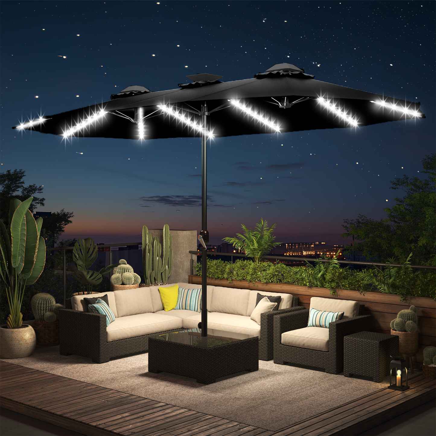 YODOLLA 15ft Patio Umbrella with Solar Lights, Black