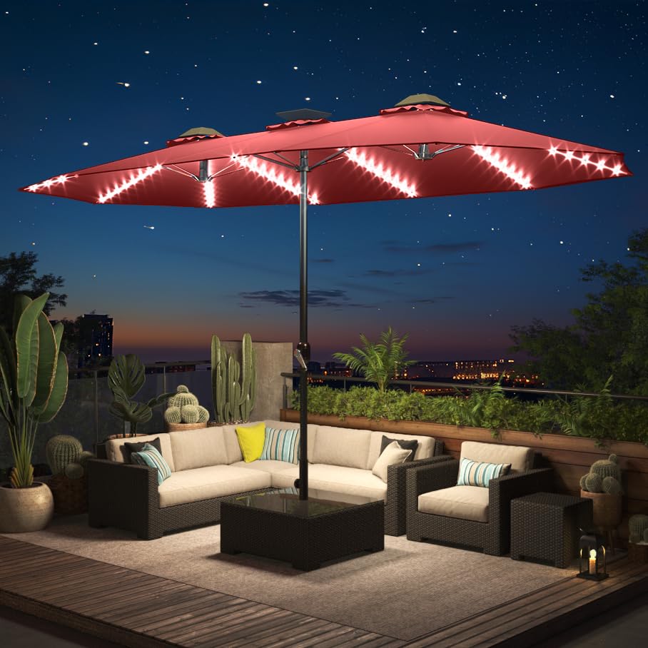 YODOLLA 15ft Patio Umbrella with Solar Lights, Red