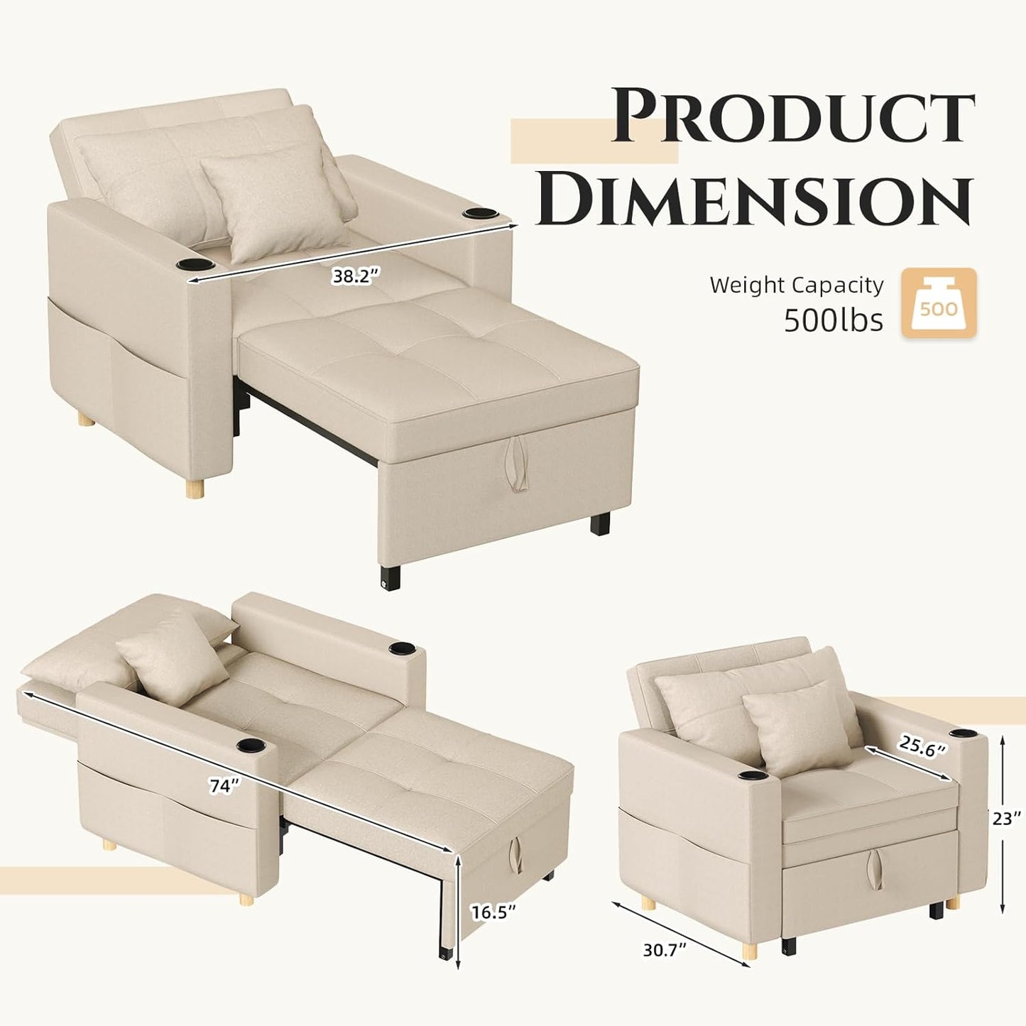 YODOLLA 36" Convertible Chair Bed, Beige