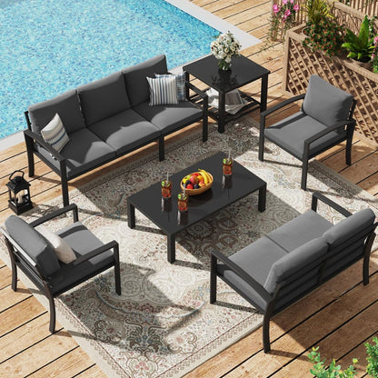 YODOLLA Metal Patio Furniture Set 7 Seats Modern Outdoor Furniture with Coffee Table & Side Table