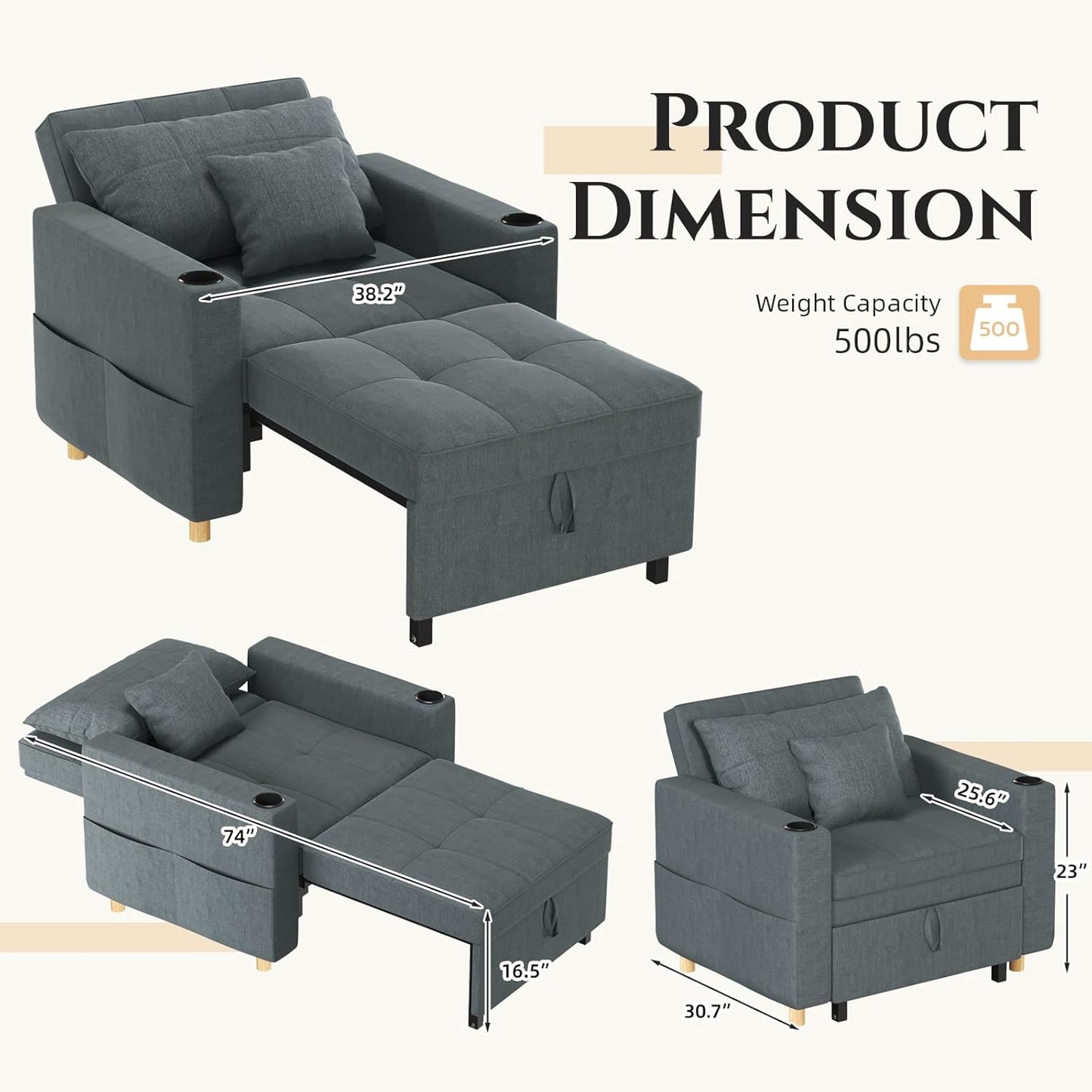 YODOLLA 36" Convertible Chair Bed, Dark Gray