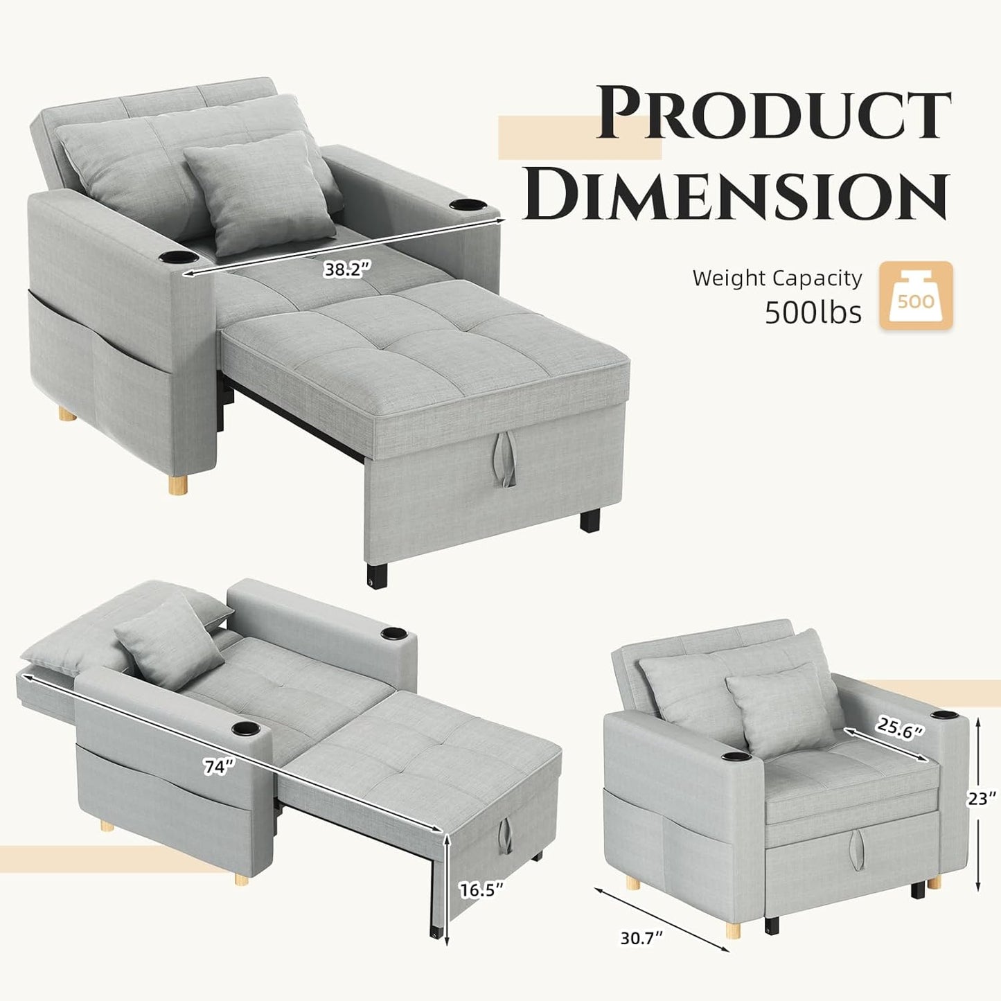 YODOLLA 36" Convertible Chair Bed, Gray
