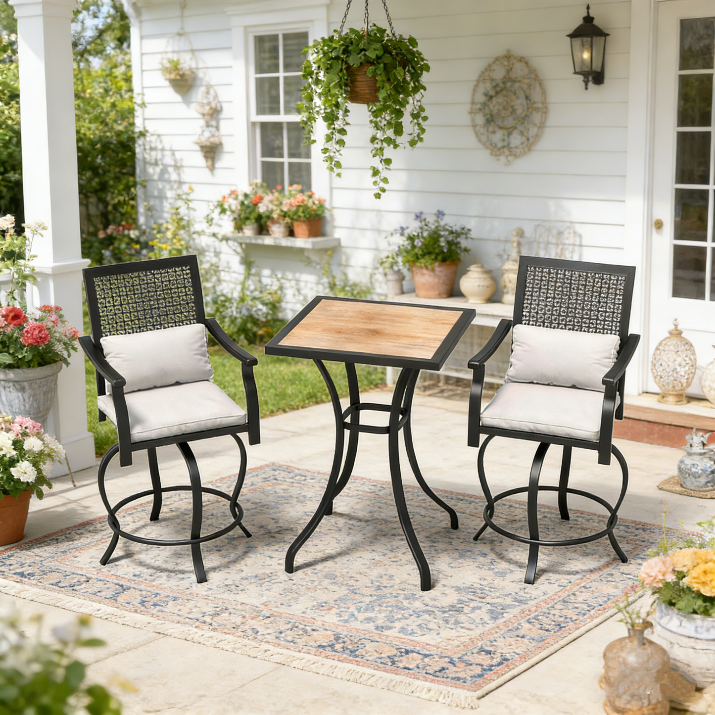 YODOLLA 3 Piece Swivel Bar Set with Cushion, Patio High Top Table and Chairs