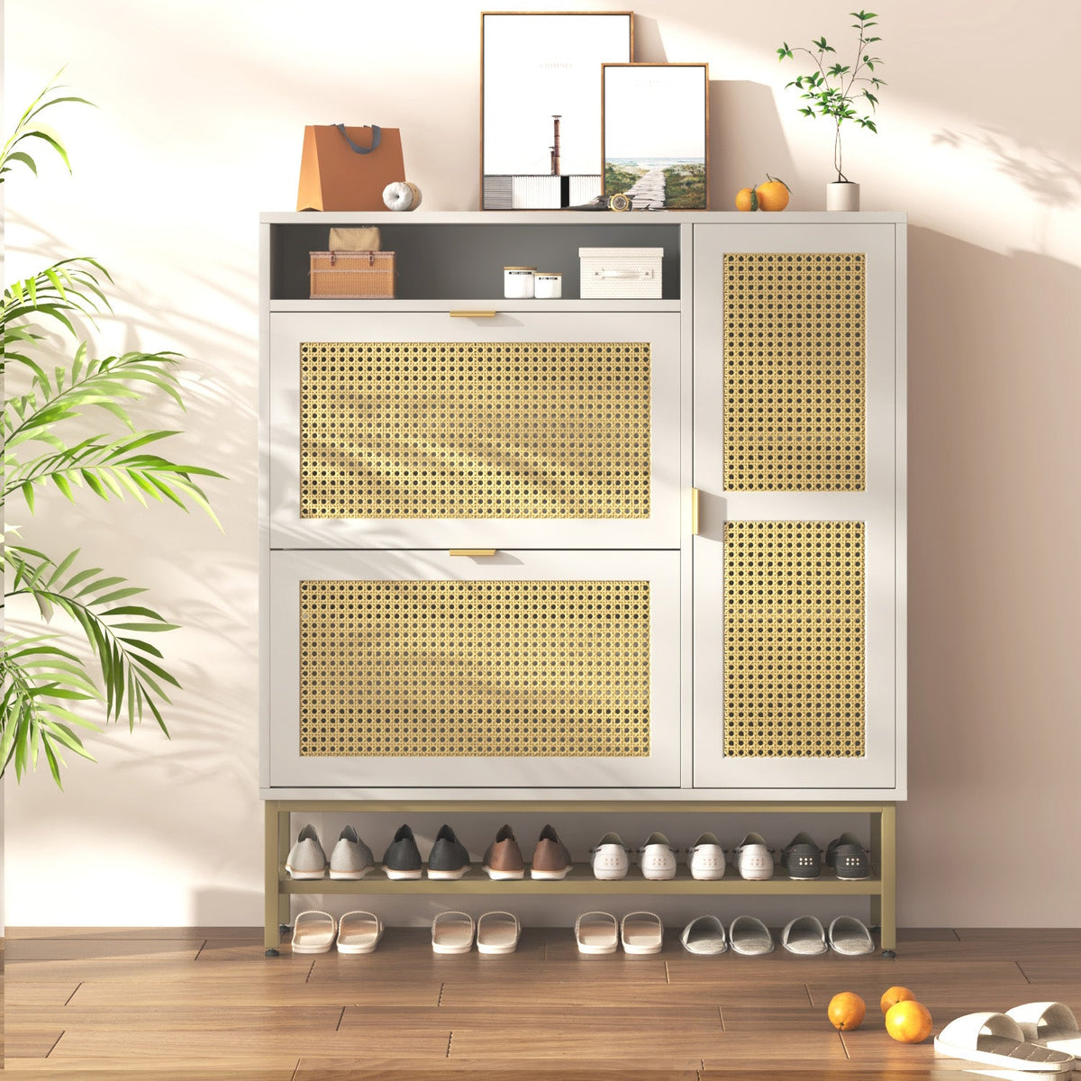 YODOLLA Rattan Shoe Cabinet Storage Organizer with 2 Tilt Drawers Living Room