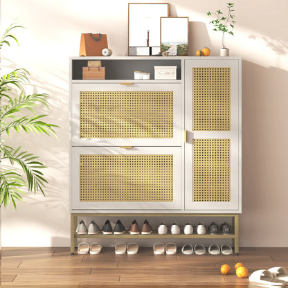 YODOLLA Rattan Shoe Cabinet Storage Organizer with 2 Tilt Drawers Living Room