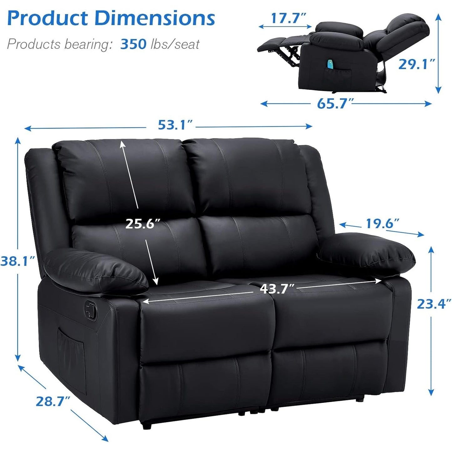 YODOLLA 2 Seat Loveseat Recliner with Heat&Massage Function, Faux Leather Black