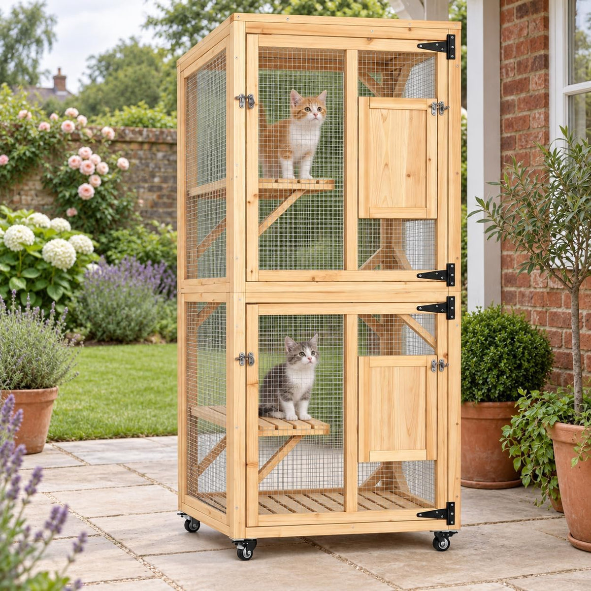 YODOLLA 60" Tall Catio Outdoor Cat Enclosure, Wooden Cat House, Natural