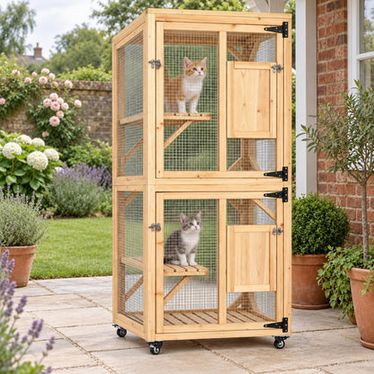 YODOLLA 60" Tall Catio Outdoor Cat Enclosure, Wooden Cat House, Natural