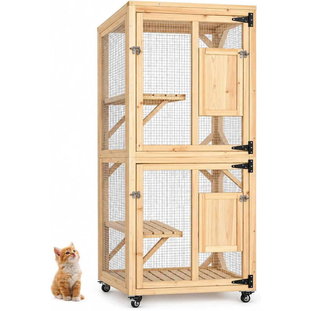 YODOLLA 60" Tall Catio Outdoor Cat Enclosure, Wooden Cat House, Natural
