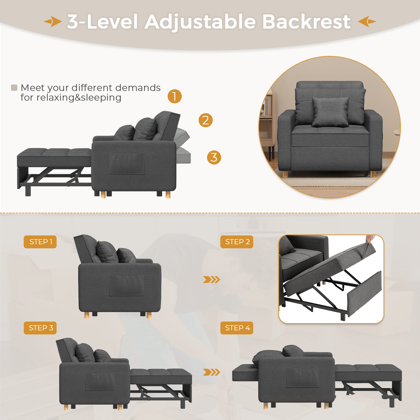 YODOLLA Sleeper Chair, 3-1 Convertible Chair Bed Pull Out Single Sofa Bed, Modern Grey