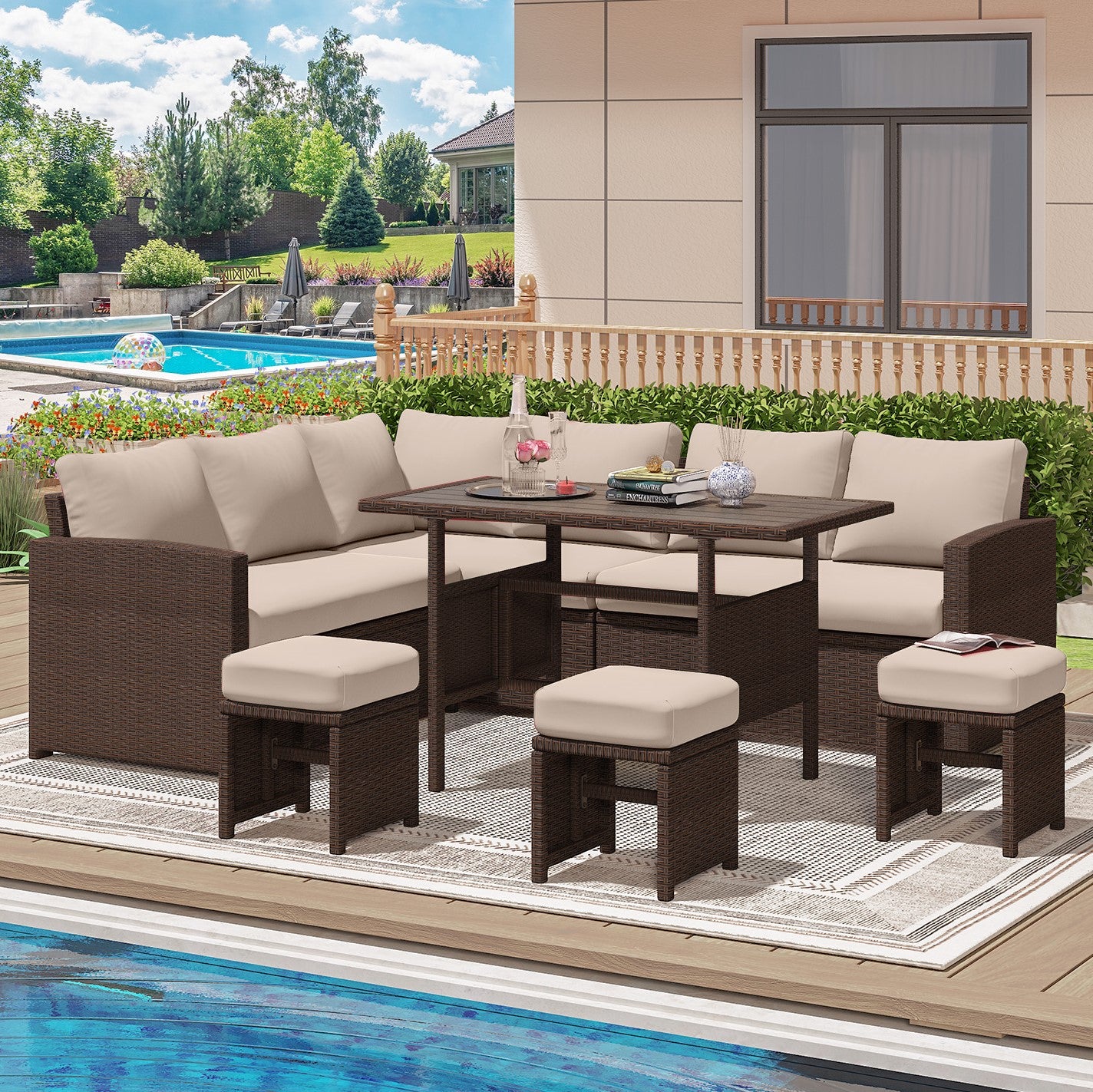 YODOLLA  7-Pc Patio Set, Brown Rattan & Khaki Cushions