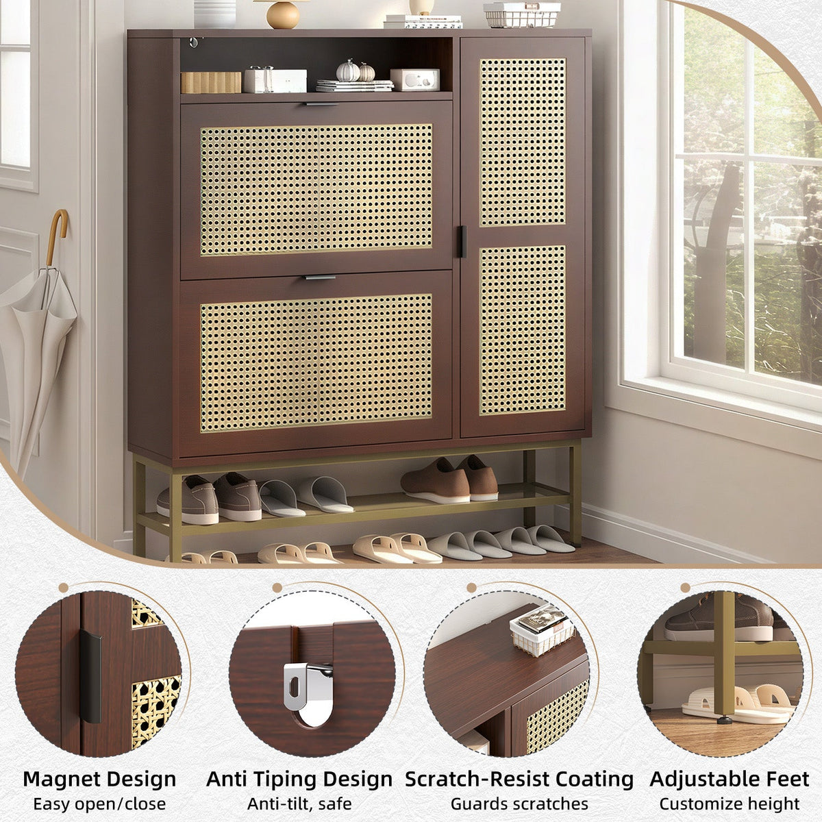 YODOLLA Rattan Shoe Cabinet Storage Organizer with 2 Tilt Drawers Living Room