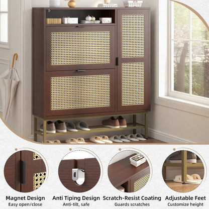 YODOLLA Rattan Shoe Cabinet Storage Organizer with 2 Tilt Drawers Living Room