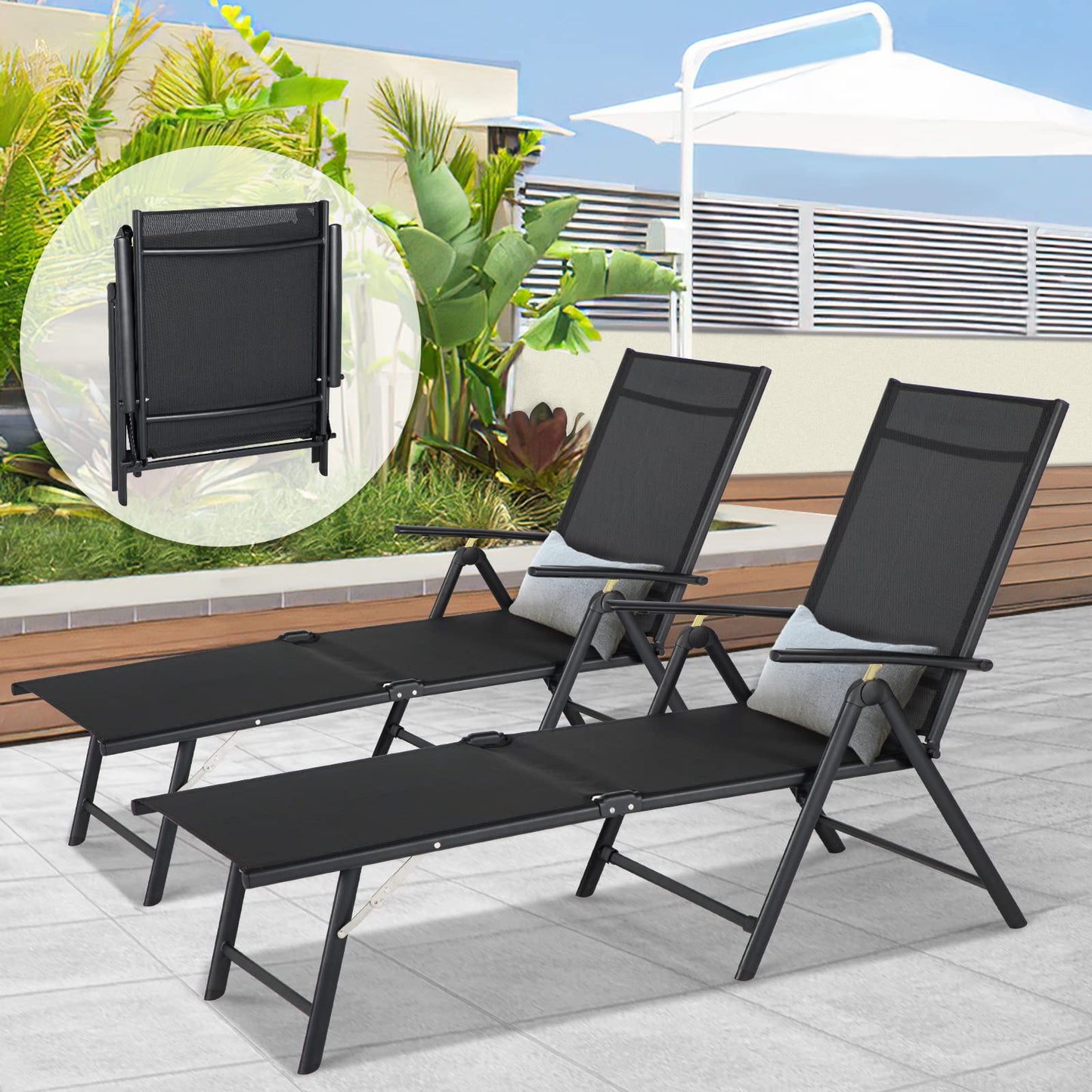 YODOLLA Outdoor Chaise Lounge Set of 2, Adjustable Reclining Folding Pool Lounger