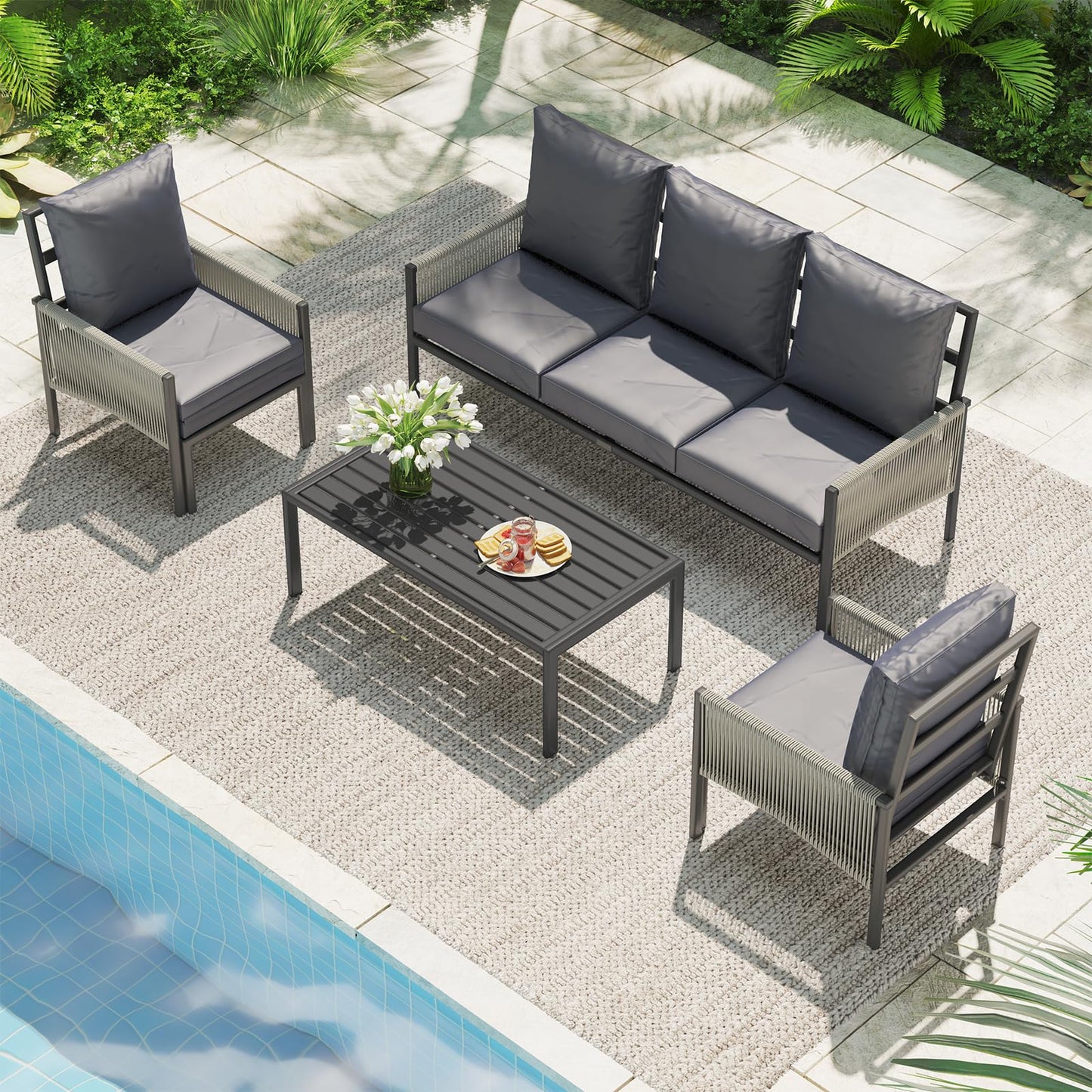YODOLLA Aluminum Patio Furniture Set Outdoor Sectional Couch with Coffee Central Table