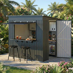 YODOLLA 8x4 FT Outdoor Storage Shed with Bar Counter, 2-in-1 Patio Metal Backyard Bar & Tool Storage Cabinet