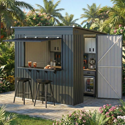YODOLLA 8x4 FT Outdoor Storage Shed with Bar Counter, 2-in-1 Patio Metal Backyard Bar & Tool Storage Cabinet