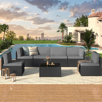 YODOLLA 7-Piece Outdoor Patio Furniture Set with Cushions and Tea Table, Black & Grey