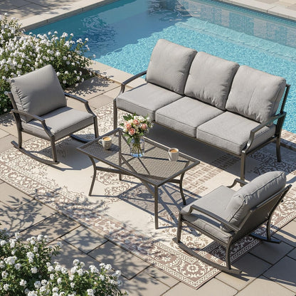 YODOLLA 4-Piece Outdoor Patio Furniture Set with Rocking Chair, Metal Mesh Conversation Bistro Set