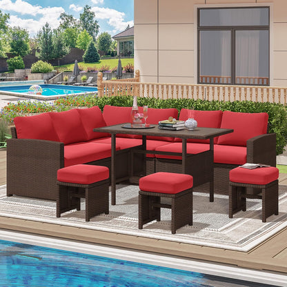 YODOLLA 7-Pc Patio Furniture Set Sectional Sofa Set with Dining Table, Brown Rattan & Red Cushion