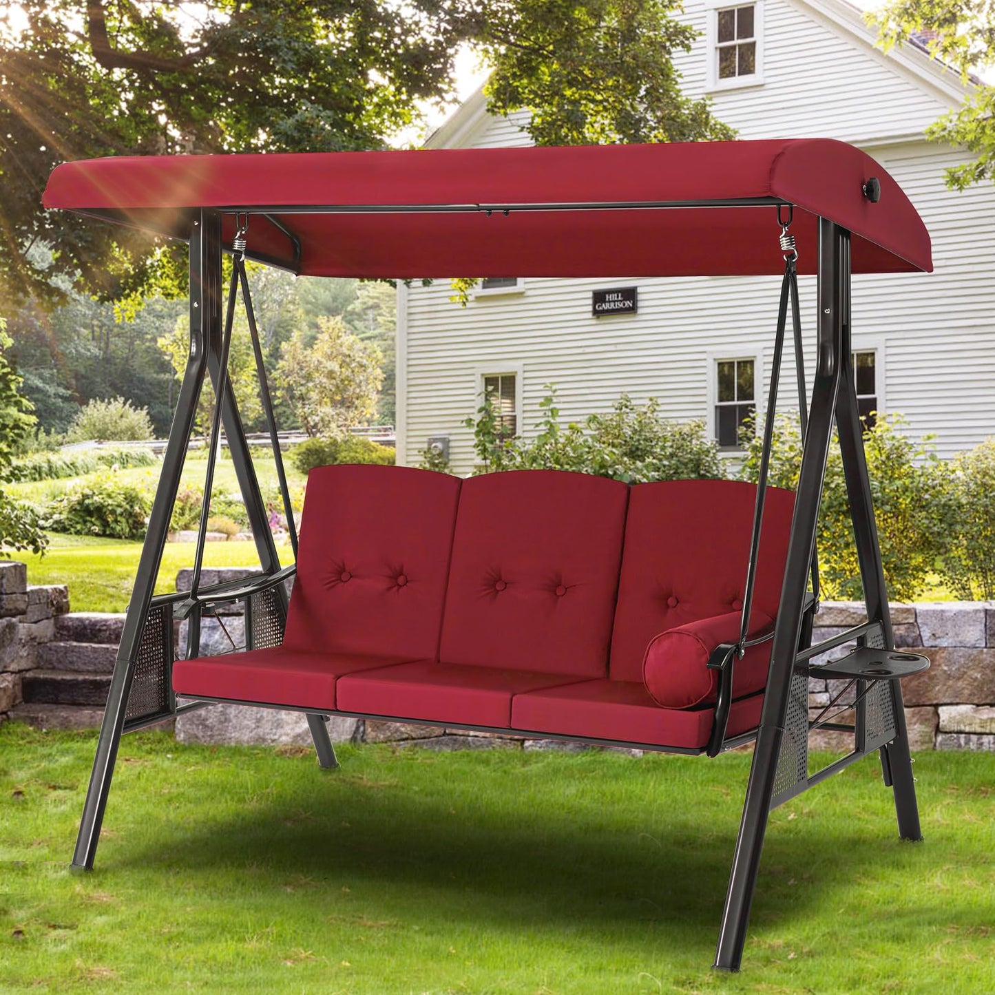 YODOLLA  3-Seat Patio Porch Swing Chair, Red