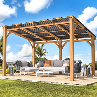 YODOLLA 14' x 10' Outdoor Wood Gazebo Lean to Hardtop Cedar Pergolas