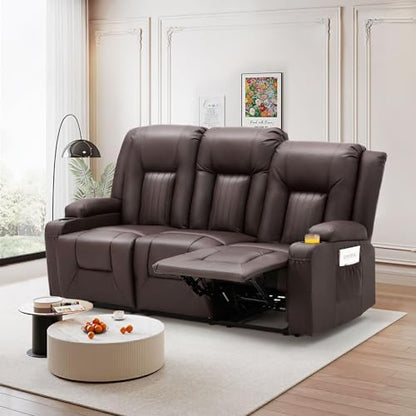 YODOLLA 77" Recliner Sofa Theater Seating with Cup Holders&Side Pockets, Brown