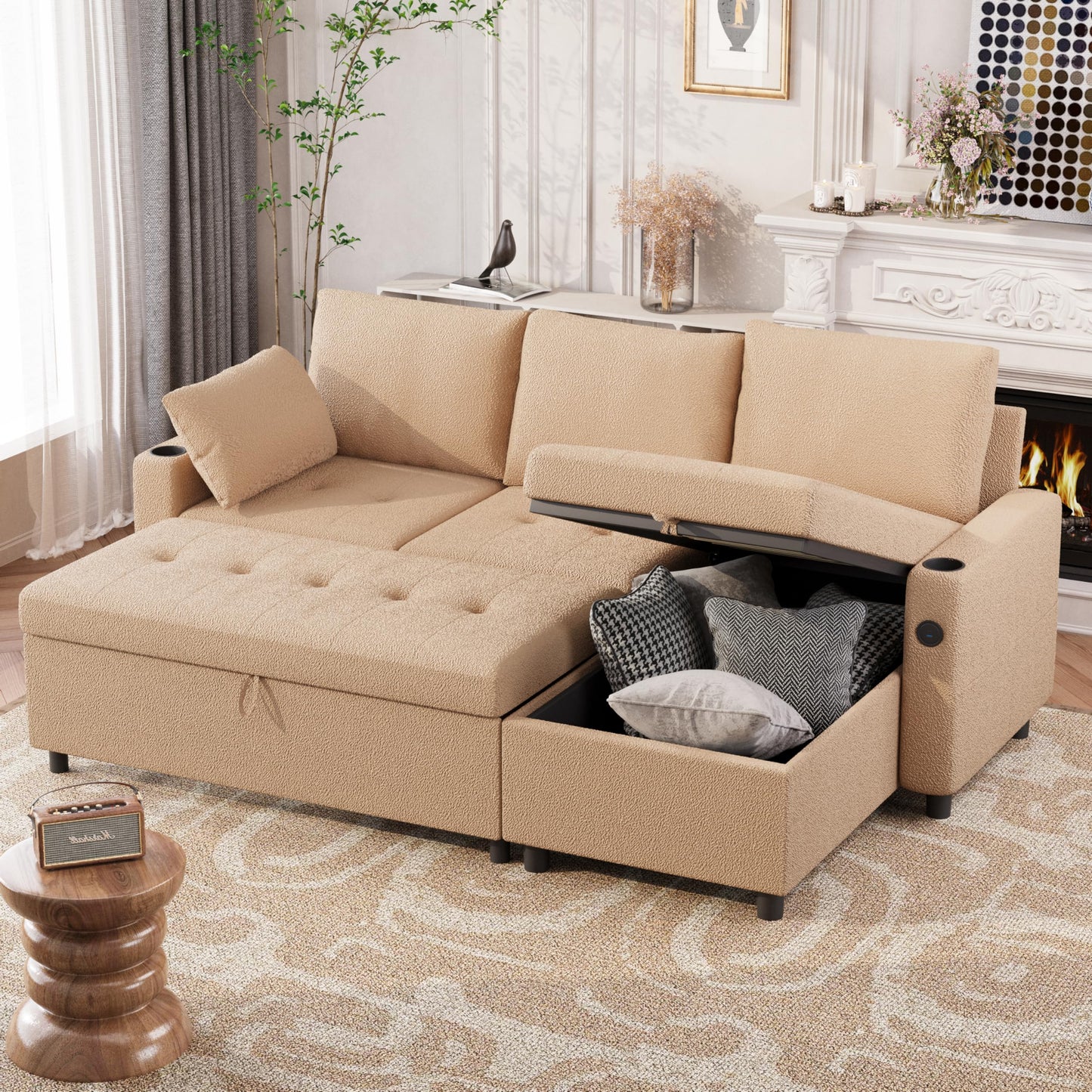 YODOLLA 83.5" Teddy Fleece Sleeper Sofa Sectional Sofa Bed Couches, Beige