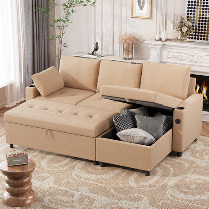 YODOLLA 83.5" Teddy Fleece Sleeper Sofa Sectional Sofa Bed Couches, Beige